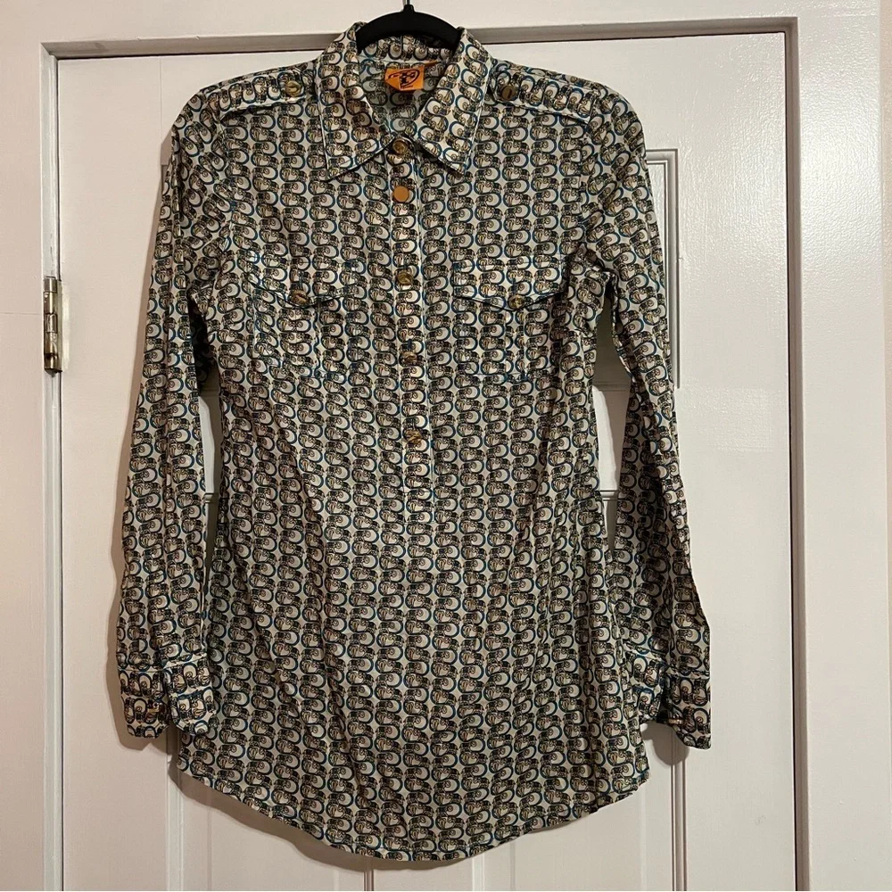 #174 TORY BURCH ELEPHANT PRINT LONG SLEEVE COTTON BLOUSE SIZE 4